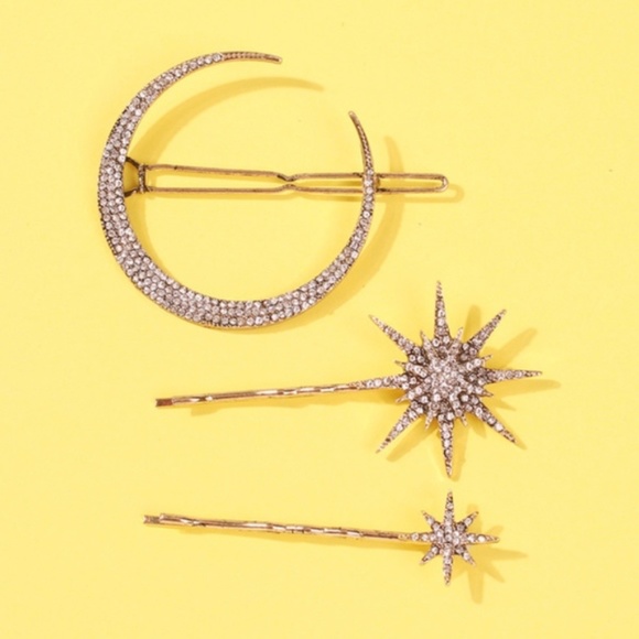 NWT New! 3 Bronze White Rhinestones Star Moon Hair Clips - Picture 7 of 8